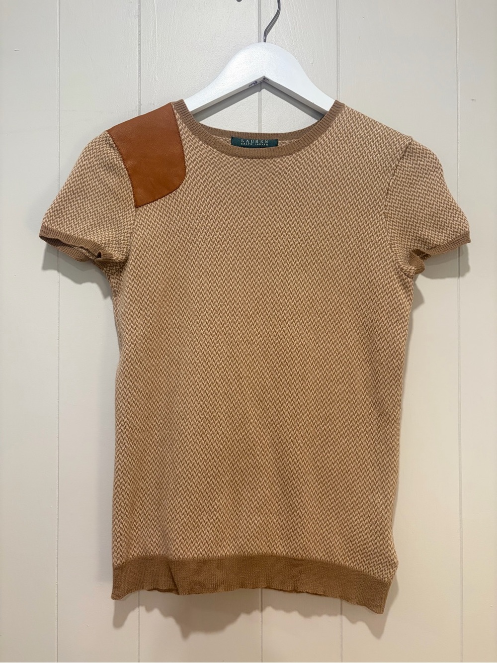 Ralph Lauren Tan Knit Short-Sleeve Top with Brown Leather Shoulder Patch